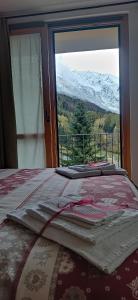 a bedroom with a bed with a view of a mountain at Appartamenti Flora Alpina in Temù