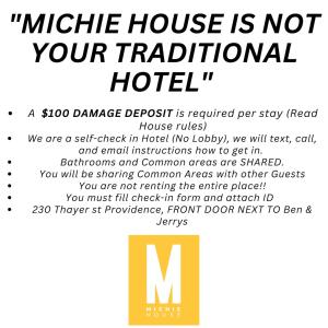 a poster for a hotel with the words damage deposit is required per stay at Michie House in College Hill in Providence