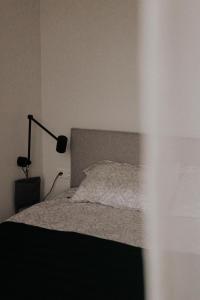 1 dormitorio con 1 cama con lámpara y almohada en Albatross Club House 9 en Ķesterciems