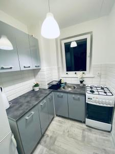 ワルシャワにあるClickTheFlat Wokalna Apart Roomsのコンロとシンクのある白いキッチン +9枚の写真