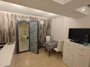 a room with a bathroom with a table and a television at Appartment Mühlberg Obermühle in Kirchensittenbach