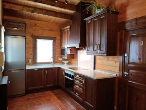 cocina con armarios de madera, fregadero y nevera en La Dehesa2 de Toledo, en Cobisa