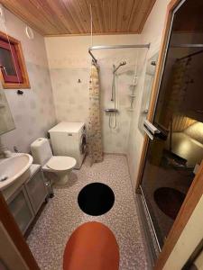 a small bathroom with a toilet and a shower at Välplanerad ski-in/out stuga med bastu in Gällivare