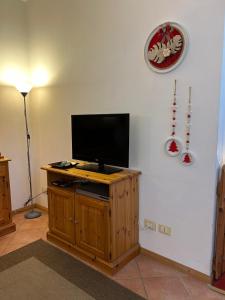 TV en un soporte de madera en una habitación en La tana del lupo, en Camporosso in Valcanale
