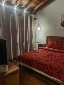 1 dormitorio con 1 cama con edredón rojo en Traditional Stone Cottage in Palio Elatohori en Elatochori