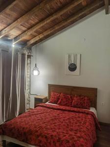 1 dormitorio con cama roja y edredón rojo en Traditional Stone Cottage in Palio Elatohori en Elatochori