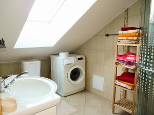 a bathroom with a washing machine and a sink at Gaja in Nida