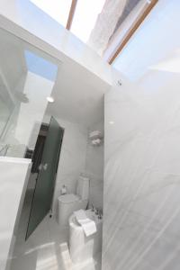 a white bathroom with a toilet and a sink at Alta Gracia Parque Hotel in Caacupé