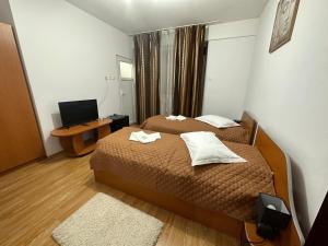 um quarto de hotel com duas camas e uma televisão em Casa Rustic cazare em Piteşti