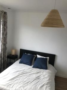 een slaapkamer met een wit bed met blauwe kussens bij Maison confortable et calme/5 chambres & 6 SdB in Toulouse