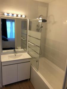 La salle de bains est pourvue d'un lavabo, d'une baignoire et d'un miroir. dans l'établissement Maison confortable et calme/5 chambres & 6 SdB, à Toulouse