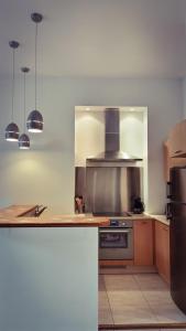 uma cozinha com um fogão e um frigorífico em La Suite Côté Parc (Superbe T2 classé 4*) em Saint-Martin-dʼUriage
