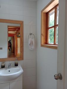 uma casa de banho com um lavatório e um espelho em Hostal Repu em Pucón