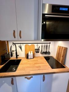 eine Küchentheke mit einer Spüle und einer Mikrowelle in der Unterkunft Casa Cozy in Schruns-Tschagguns