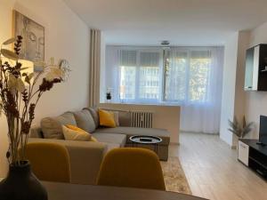 a living room with a couch and a table at Apartament Bucuresti Bucharest in Bucharest