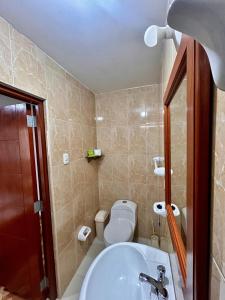HOTEL LOS ANDES SUITE في تروخيو: حمام مع مرحاض ومغسلة ومرآة