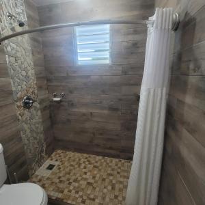 a bathroom with a shower with a toilet at Always Summer Inn in Culebra