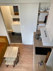eine kleine Küche mit einem Waschbecken und einem Tisch in der Unterkunft Exceptionnel au coeur de Lille in Lille