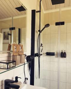 a shower in a bathroom with a mirror at Strandzone 29 in Kronsgaard