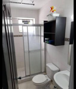 a bathroom with a shower and a toilet and a sink at R.3-3 Lindo estudio, 2 habitaciones en el ciudad de Panamá. in Panama City