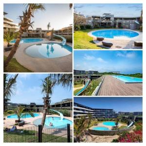 a collage of four pictures of a swimming pool at Modern comfy studio apartment with pools in Umhlanga