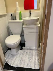 ein Badezimmer mit einem weißen WC und einem Waschbecken in der Unterkunft Oxborne Rooms UK - Seaton in London