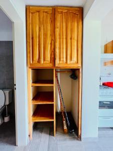 a closet with wooden cabinets and a guitar in it at Mirador del Valle in Mina Clavero