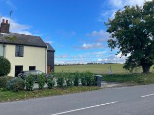 a house with a row of plants next to a road at Hall Farm Cottage, Barham in Ipswich