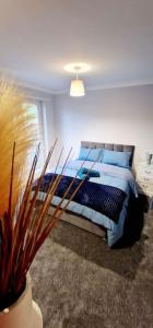 a bedroom with a bed and a plant in a vase at 9 Guest 7 Beds Lovely House in Rossendale in Newchurch