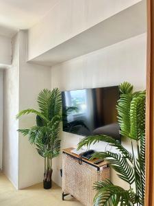 a living room with two potted plants and a flat screen tv at Avida Studio unit in Davao City