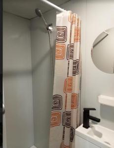 a bathroom with a shower curtain and a mirror at The City Dweller Kingaroy in Kingaroy