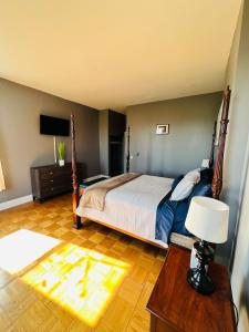 - une chambre avec un lit et une table avec une lampe dans l'établissement Spacious Apartment Downtown Albany, NY, à Albany