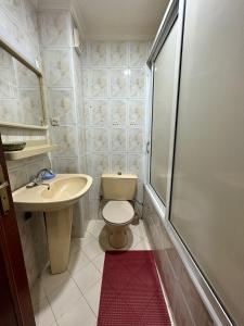uma casa de banho com um WC, um lavatório e um chuveiro em Jawhara Jacobs apartment em Fez