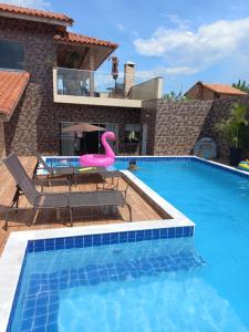 una piscina con un flamenco rosa en una casa en Casa mar sol e piscina, en Peruíbe