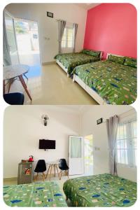 a bedroom with two beds and a room with a table at Homestay BONO Mũi Né in Phan Thiet