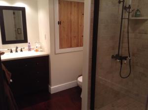a bathroom with a shower and a sink and a toilet at Haddock Hill House in Old Chatham
