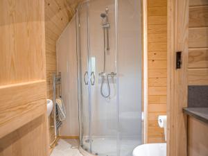 a bathroom with a shower with a glass door at Dol Y Mynydd the Mountain Meadow-qu7521 in Llangerniew