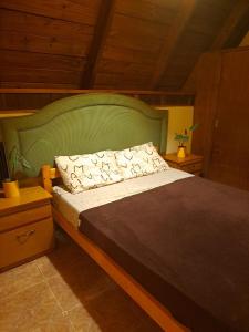 a bedroom with a large bed with a green headboard at Bungalow Hostel in Puerto Iguazú