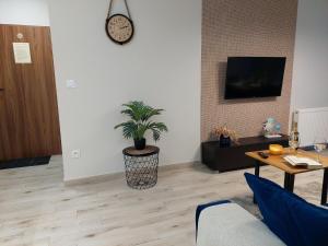 a living room with a clock on the wall and a plant at Comfortable apartment for 5 people, Dar ówko in Darłówko