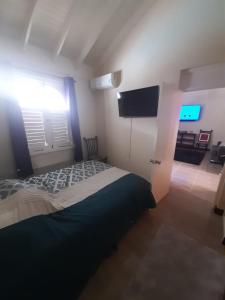 1 dormitorio con cama, ventana y TV en Beach 1 Bedroom 32 en Ocho Rios