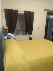 a bedroom with a yellow bed and a window at Casa petirrojo - habitaciones en Pátzcuaro in Pátzcuaro