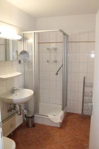 uma casa de banho com um chuveiro e um lavatório. em Ferienwohnung E511 für 2-4 Personen an der Ostsee em Brasilien