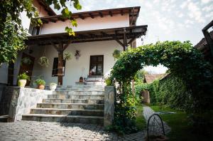 einen Torbogen vor einem Haus mit einer Treppe in der Unterkunft Petershaus - casa de vacanța și distractie. 