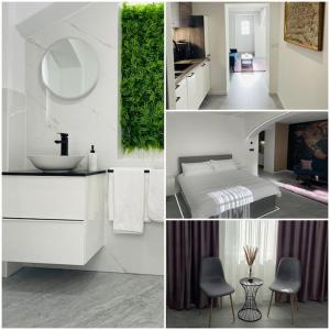 a collage of images of a bathroom and a bedroom at Hagenauer House in Vienna