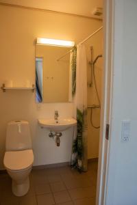 La salle de bains est pourvue de toilettes, d'un lavabo et d'un miroir. dans l'établissement Nordgården Pension, à Onsbjerg