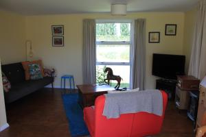 a living room with a red couch and a window at Fig Tree Cottage in Greytown