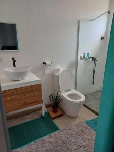 a bathroom with a toilet and a sink at Rooftop in Flic-en-Flac