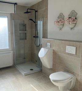 a bathroom with a shower and a toilet and a sink at Ferienwohnung und Appartement nähe Möhnesee für 4 Personen in Warstein