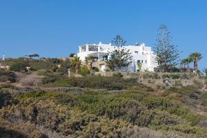 a white house on top of a hill with trees at Martineli Residence - A Beachfront Estate in Drios