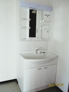 La salle de bains blanche est pourvue d'un lavabo et d'un miroir. dans l'établissement 富山駅9分駐車2台可 一棟貸切りの宿 こられ 赤江邸, à Sakurabashidōri